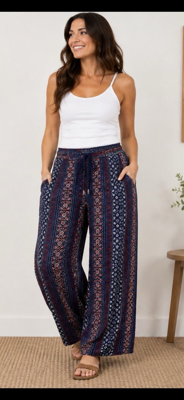 M&Co Plus Womens Navy Orange Print Pull On Pants Wide Leg Boho Plus Size 22